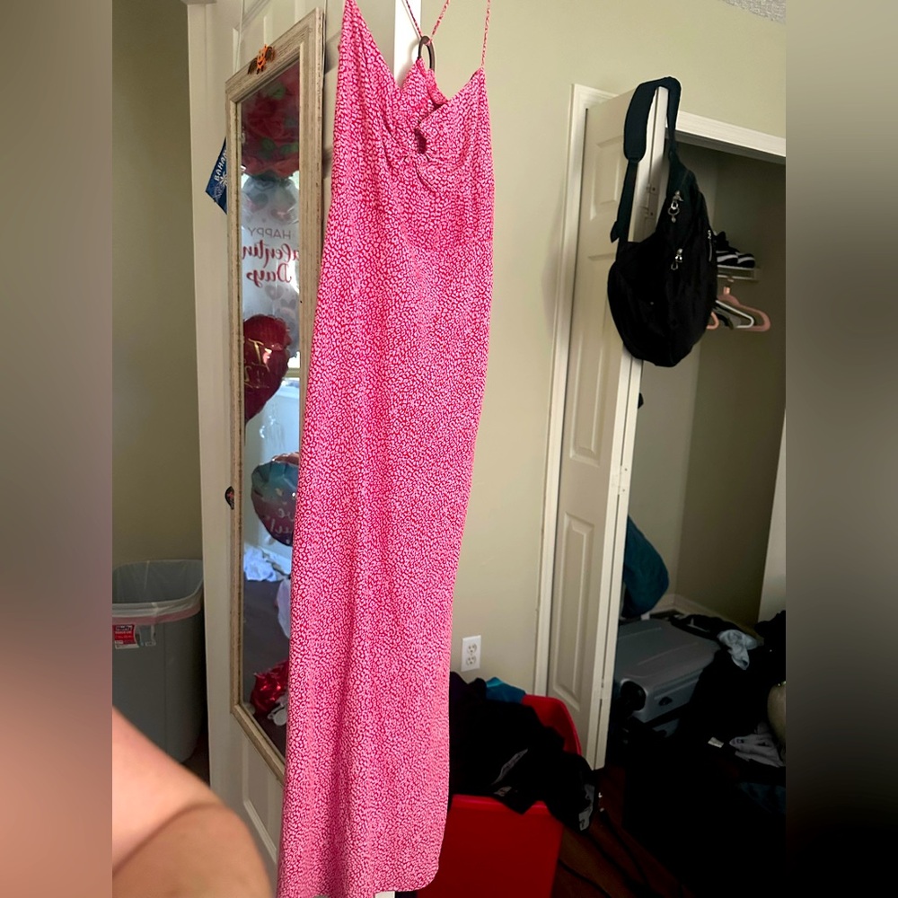 Pink leopard print maxi dress with slit. Small
Zara